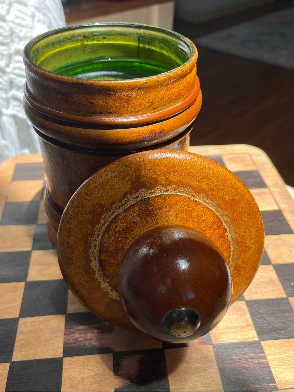 Vintage Cognac Brown Lidded Jar w/ Green Glass Interior Made in Italy Very Rare